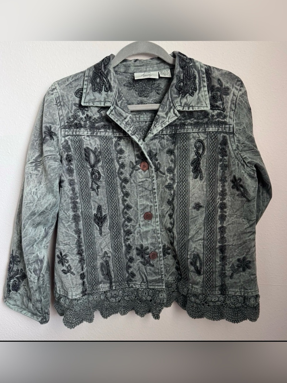 Casual Living Sage Green Embroidered Rayon Jacket Lace Hem Boho Artsy M
